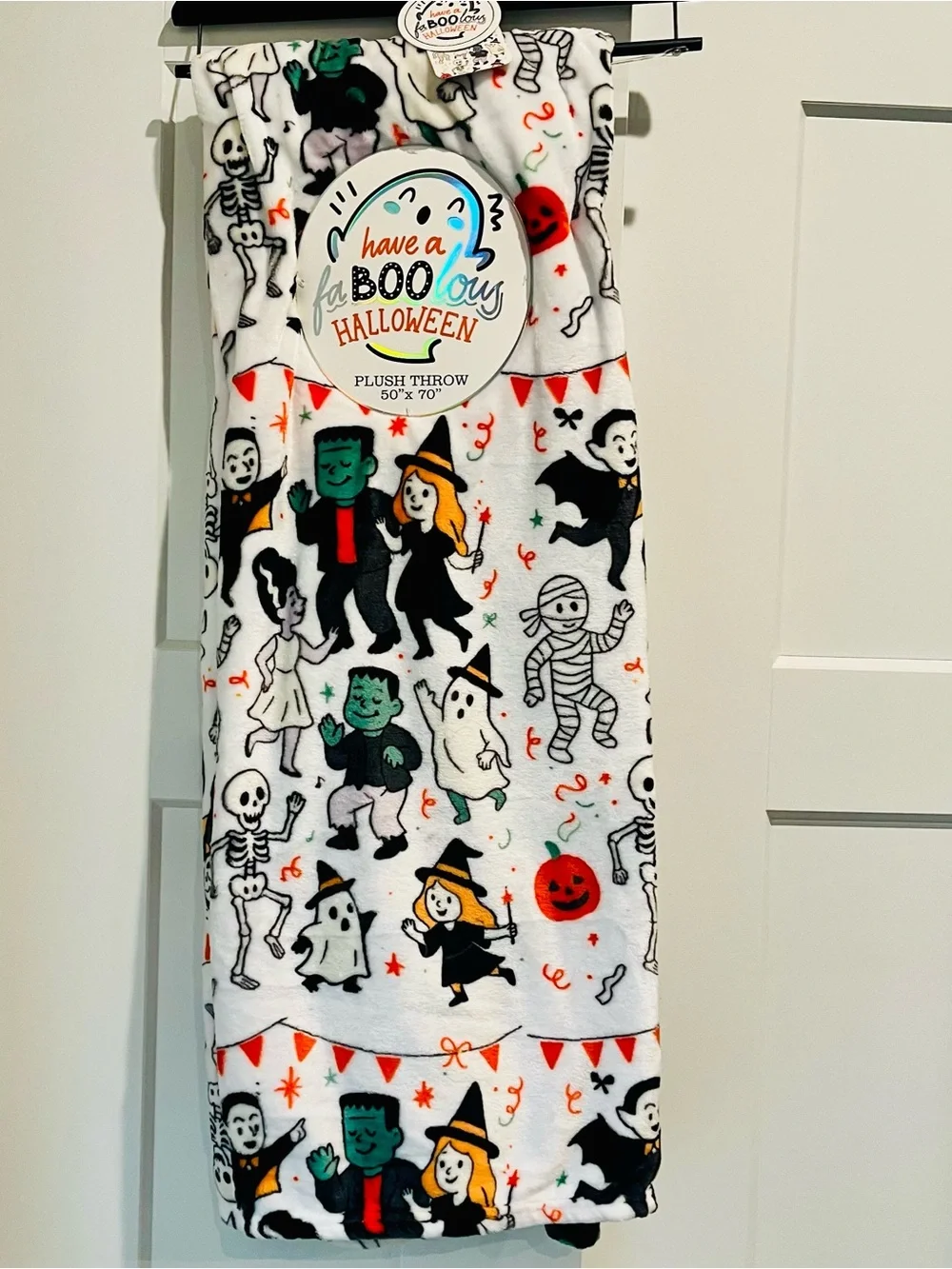 Kids Halloween Plush Throw Blanket - White with Orange & Black Accents